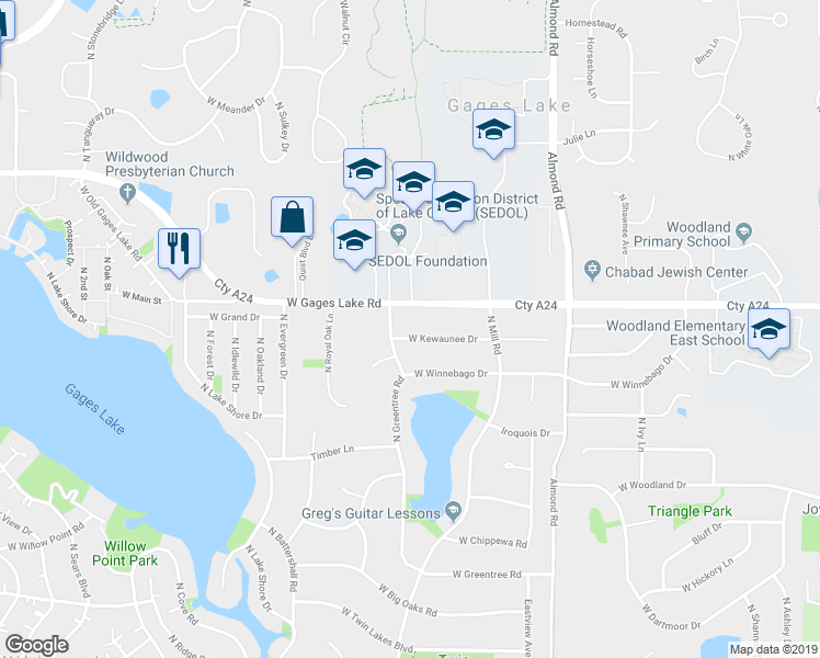 map of restaurants, bars, coffee shops, grocery stores, and more near 18026 West Kewaunee Drive in Grayslake