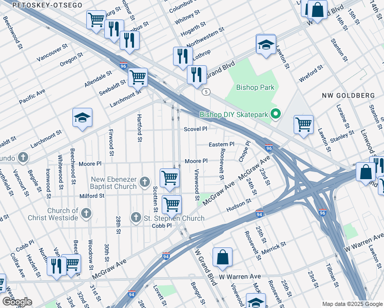 map of restaurants, bars, coffee shops, grocery stores, and more near 6525 Vinewood Street in Detroit