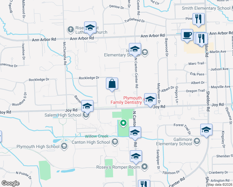 map of restaurants, bars, coffee shops, grocery stores, and more near 45630 Trillium Lane in Plymouth