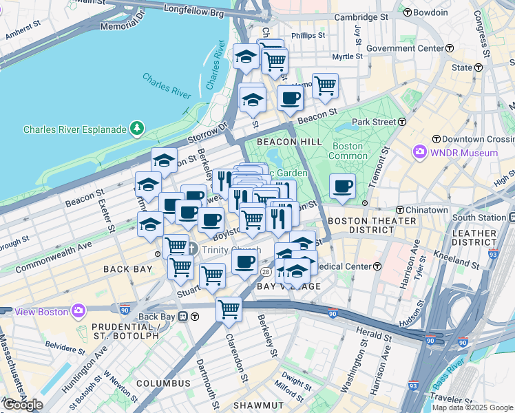map of restaurants, bars, coffee shops, grocery stores, and more near 2 Newbury Street in Boston