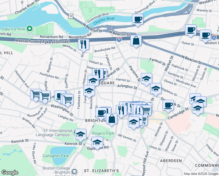 map of restaurants, bars, coffee shops, grocery stores, and more near 136 Arlington Street in Boston