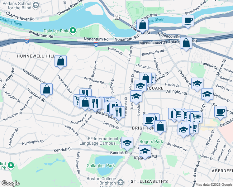 map of restaurants, bars, coffee shops, grocery stores, and more near 335 Faneuil Street in Boston