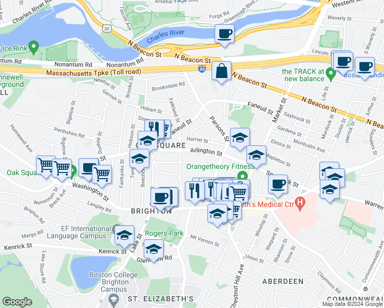 map of restaurants, bars, coffee shops, grocery stores, and more near 110 Arlington Street in Boston