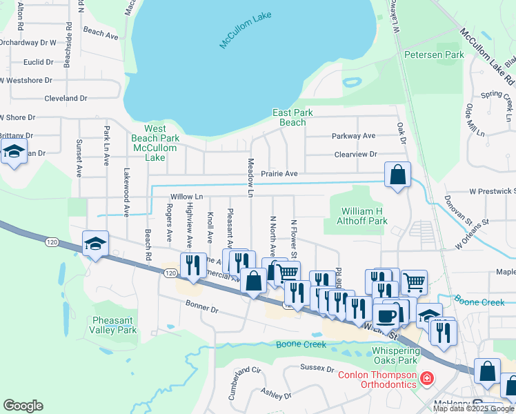 map of restaurants, bars, coffee shops, grocery stores, and more near 1716 Meadow Lane in McHenry