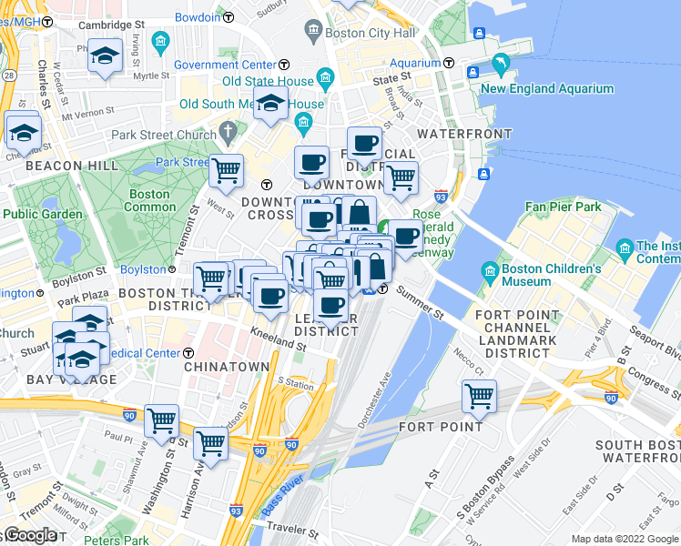 map of restaurants, bars, coffee shops, grocery stores, and more near 40 South Street in Boston
