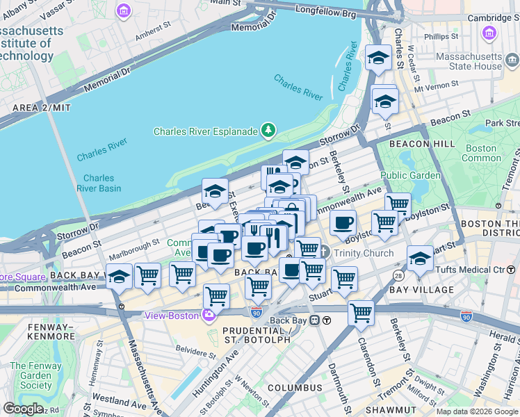 map of restaurants, bars, coffee shops, grocery stores, and more near 312 Dartmouth Street in Boston