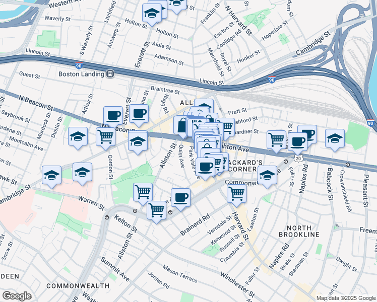 map of restaurants, bars, coffee shops, grocery stores, and more near 47 Park Vale Avenue in Boston