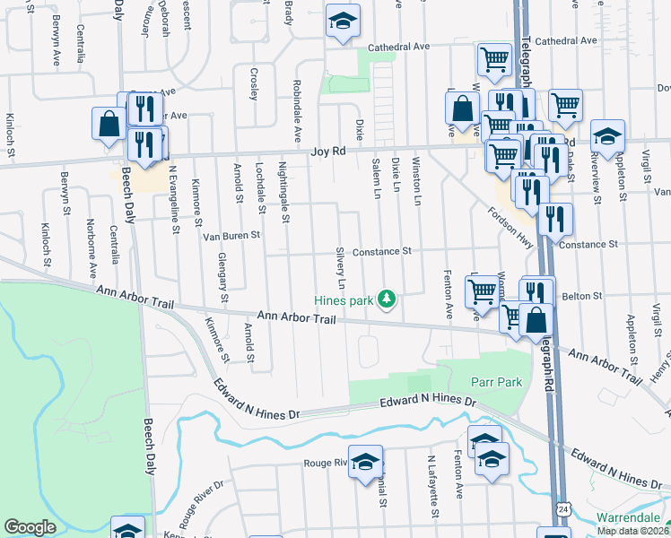 map of restaurants, bars, coffee shops, grocery stores, and more near 8323 Silvery Lane in Dearborn Heights
