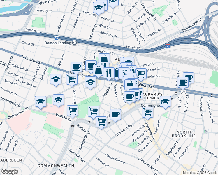 map of restaurants, bars, coffee shops, grocery stores, and more near 20 Allston Street in Boston