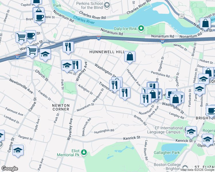 map of restaurants, bars, coffee shops, grocery stores, and more near 169 Tremont Street in Newton