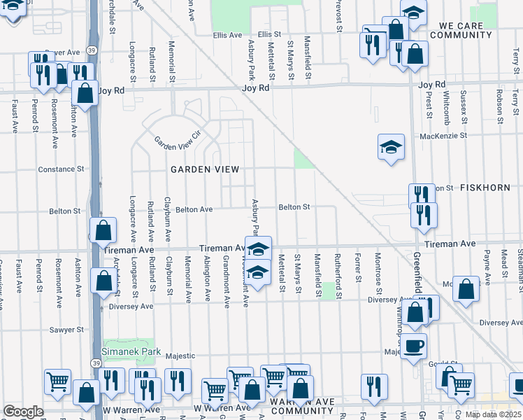 map of restaurants, bars, coffee shops, grocery stores, and more near 16428 Belton Street in Detroit