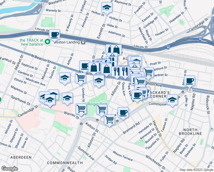 map of restaurants, bars, coffee shops, grocery stores, and more near 21-23 Higgins Street in Boston