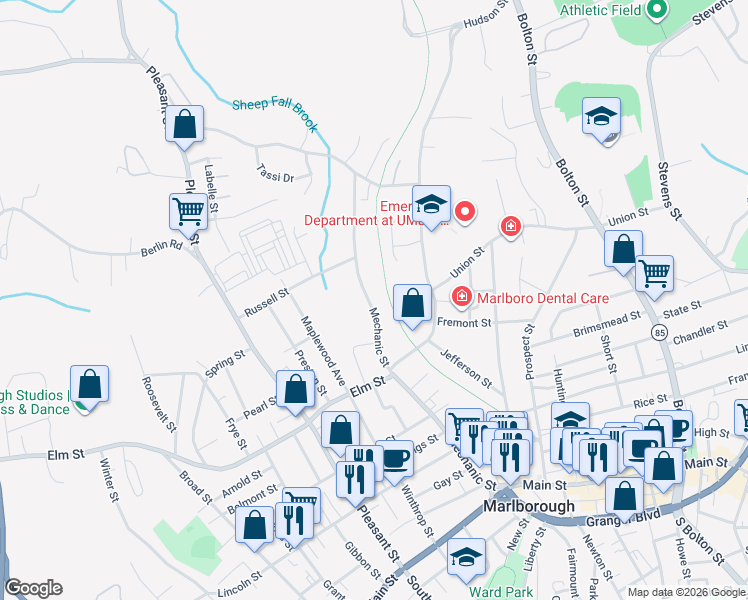map of restaurants, bars, coffee shops, grocery stores, and more near 229 Mechanic Street in Marlborough