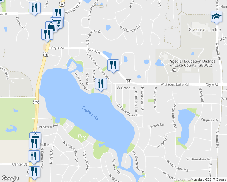 map of restaurants, bars, coffee shops, grocery stores, and more near 33698 North Gages Lake Drive in Grayslake