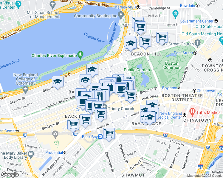 map of restaurants, bars, coffee shops, grocery stores, and more near 60 Commonwealth Avenue in Boston