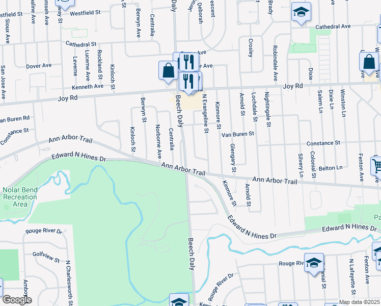 map of restaurants, bars, coffee shops, grocery stores, and more near 8361 Whitefield Street in Dearborn Heights