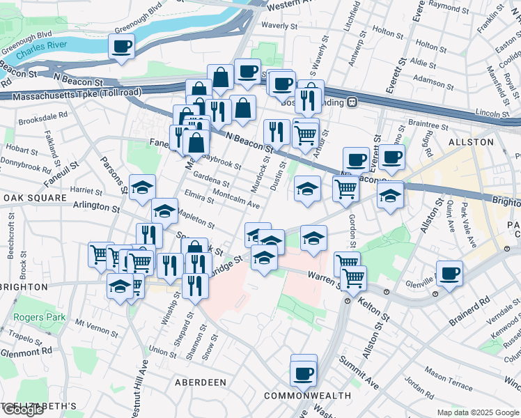 map of restaurants, bars, coffee shops, grocery stores, and more near 87 Murdock Street in Boston