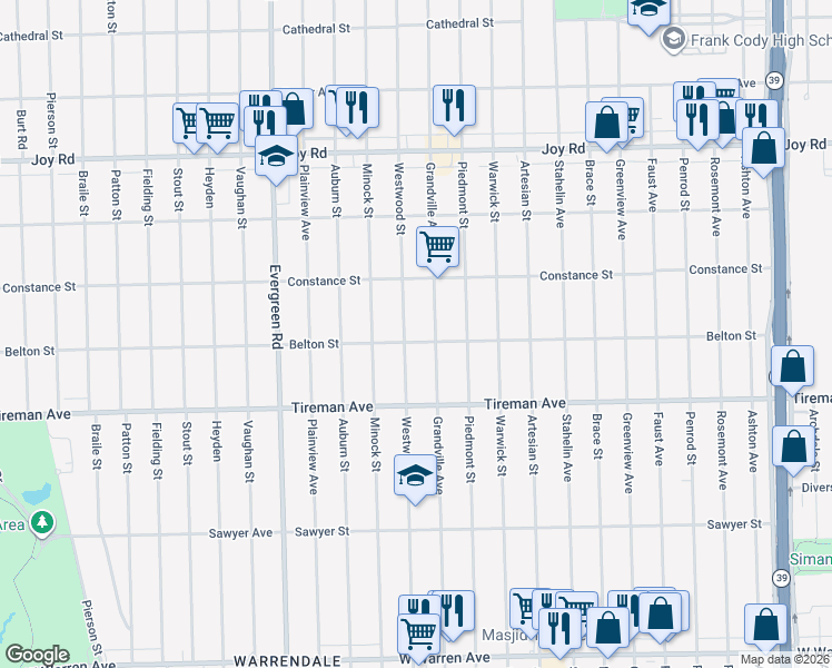 map of restaurants, bars, coffee shops, grocery stores, and more near 8212 Westwood Street in Detroit