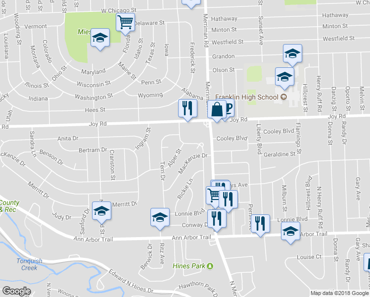 map of restaurants, bars, coffee shops, grocery stores, and more near 8670 Alper Street in Westland