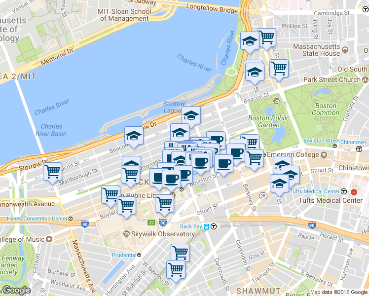 map of restaurants, bars, coffee shops, grocery stores, and more near 129 Commonwealth Avenue in Boston