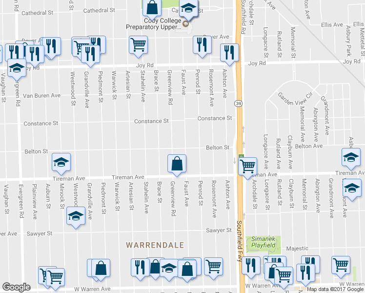 map of restaurants, bars, coffee shops, grocery stores, and more near 8201 Faust Avenue in Detroit