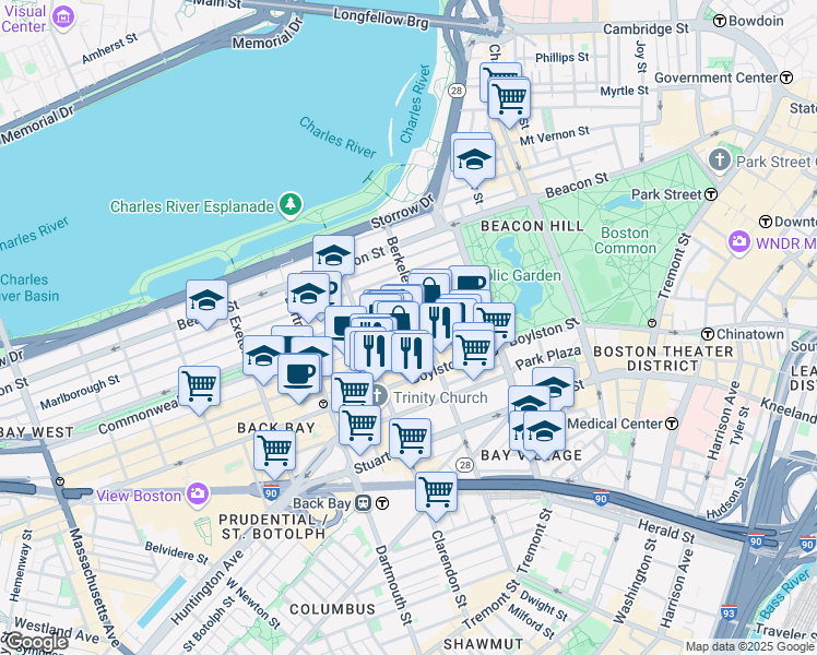 map of restaurants, bars, coffee shops, grocery stores, and more near in Boston