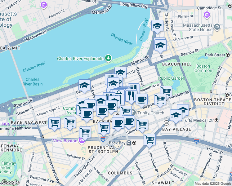 map of restaurants, bars, coffee shops, grocery stores, and more near 123 Commonwealth Avenue in Boston