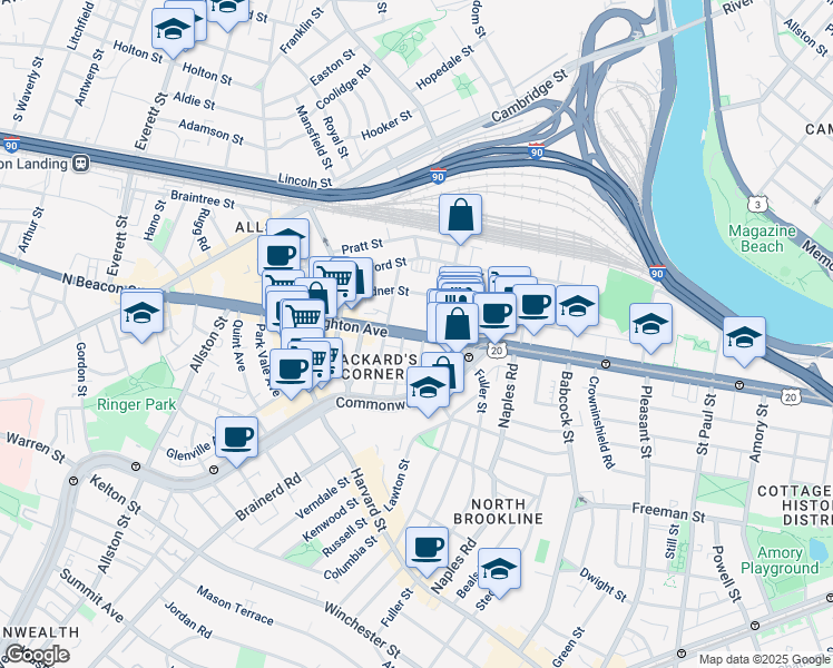 map of restaurants, bars, coffee shops, grocery stores, and more near 39 Brighton Avenue in Boston