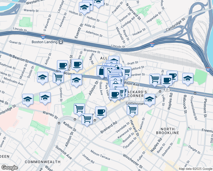 map of restaurants, bars, coffee shops, grocery stores, and more near 47 Park Vale Avenue in Boston