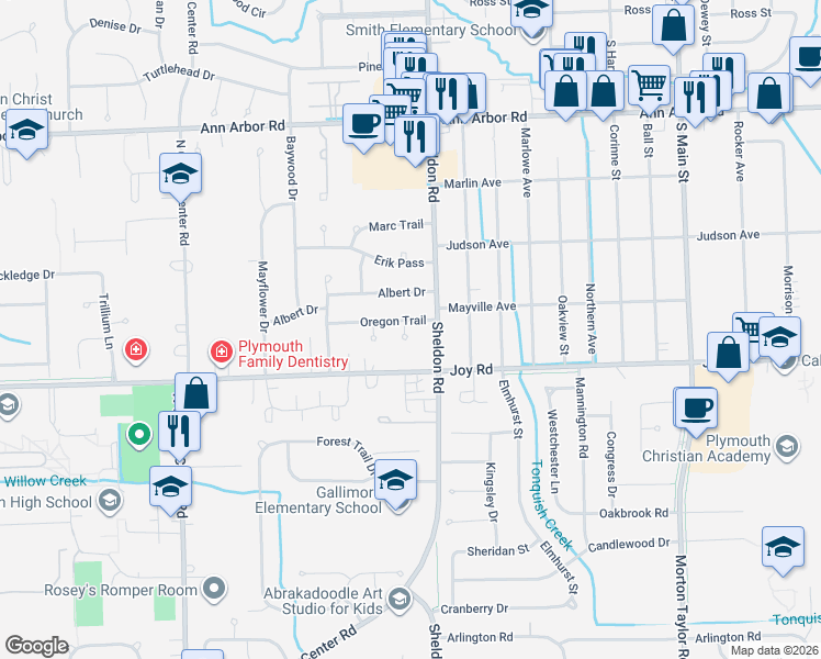 map of restaurants, bars, coffee shops, grocery stores, and more near 44425 Oregon Trail in Plymouth