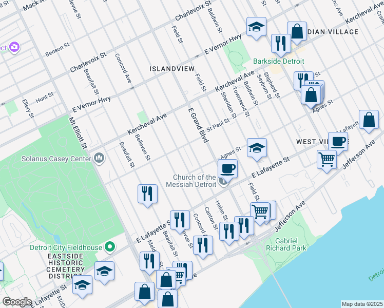 map of restaurants, bars, coffee shops, grocery stores, and more near 1465 Helen Street in Detroit