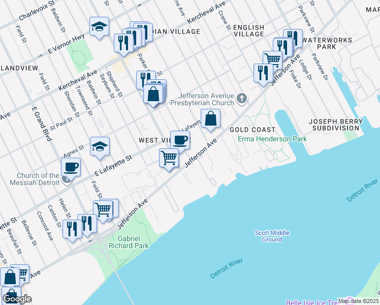 map of restaurants, bars, coffee shops, grocery stores, and more near 8109 East Jefferson Avenue in Detroit