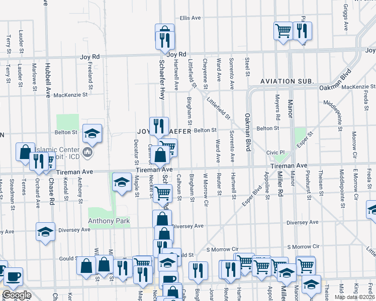 map of restaurants, bars, coffee shops, grocery stores, and more near 8075 Bingham Street in Detroit