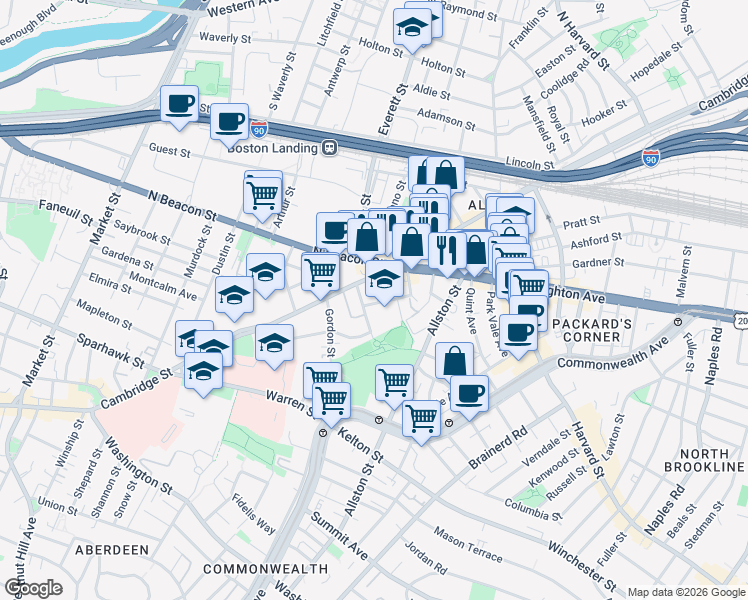 map of restaurants, bars, coffee shops, grocery stores, and more near 15 Barrows Street in Boston