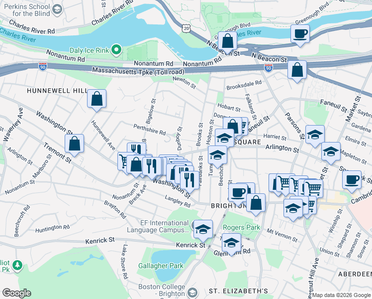 map of restaurants, bars, coffee shops, grocery stores, and more near 335 Faneuil Street in Boston