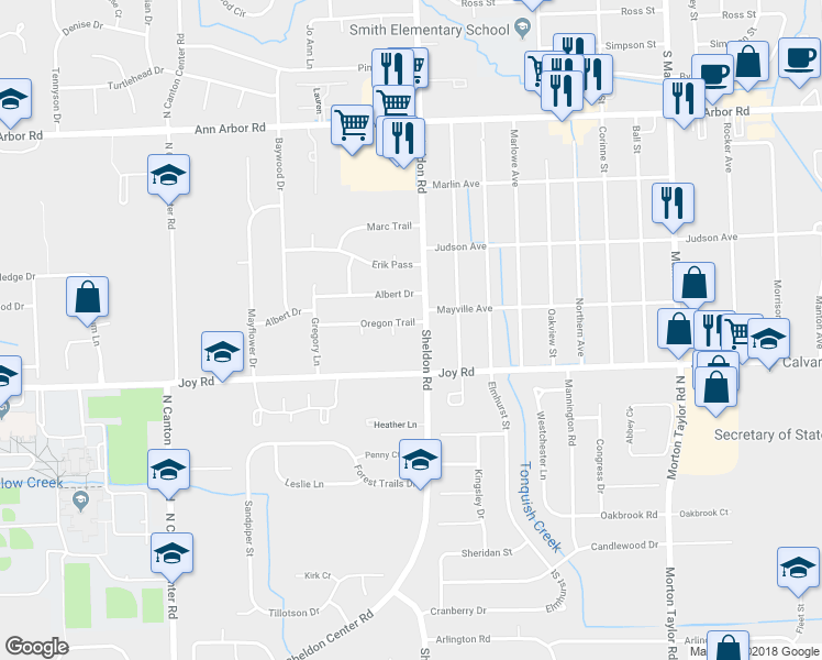 map of restaurants, bars, coffee shops, grocery stores, and more near 44425 Oregon Trail in Plymouth