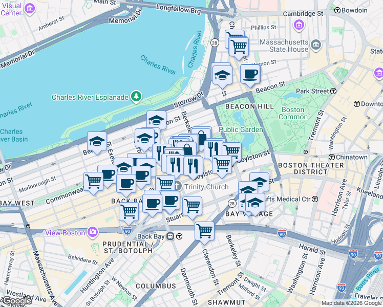 map of restaurants, bars, coffee shops, grocery stores, and more near in Boston