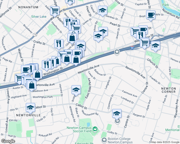 map of restaurants, bars, coffee shops, grocery stores, and more near 16 Lewis Street in Newton