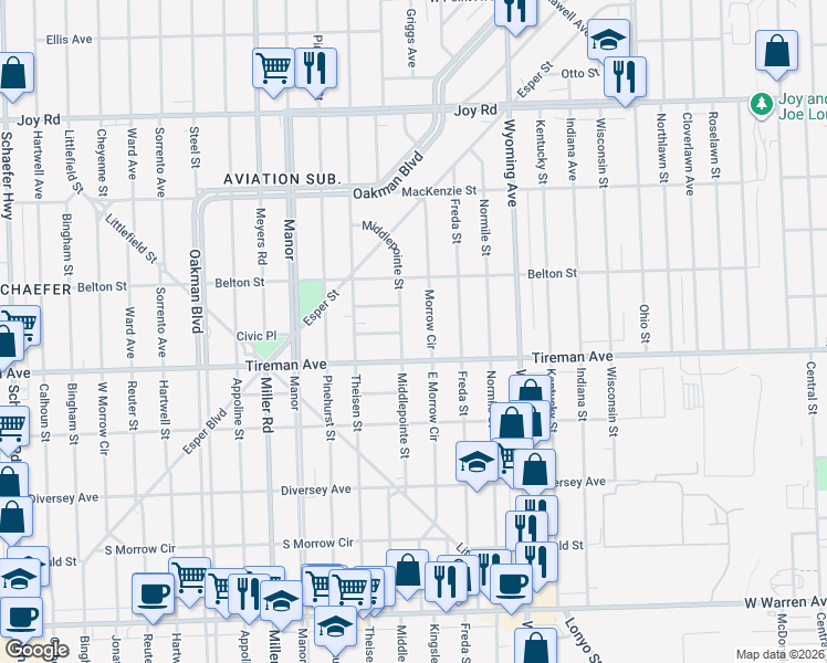 map of restaurants, bars, coffee shops, grocery stores, and more near 8050 Middlepoint St in Detroit
