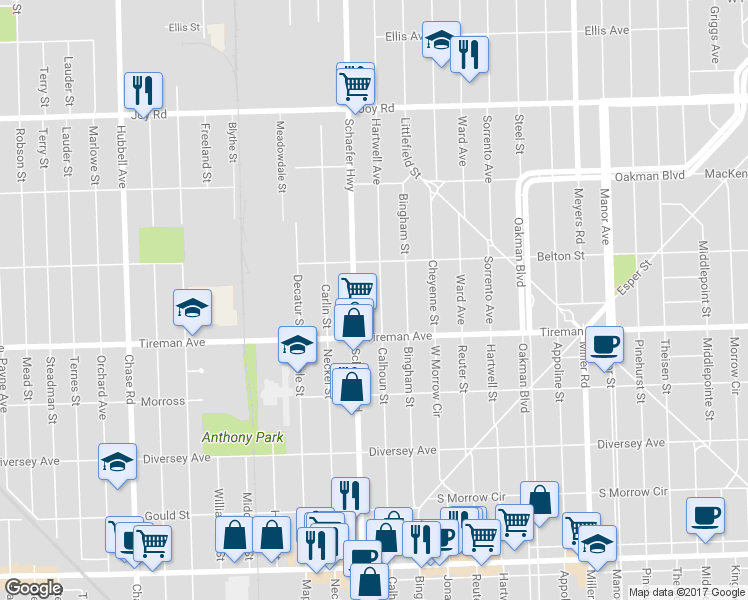 map of restaurants, bars, coffee shops, grocery stores, and more near 8077 Hartwell Street in Detroit