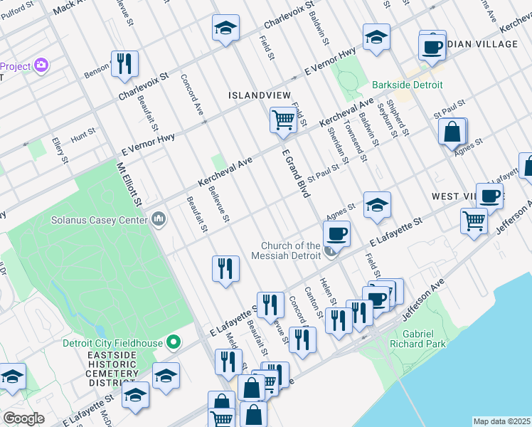 map of restaurants, bars, coffee shops, grocery stores, and more near 1689 Canton Street in Detroit