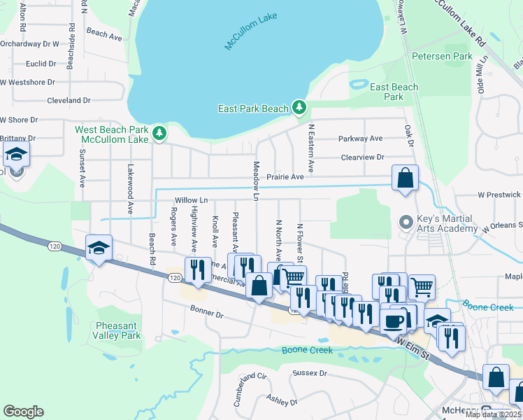 map of restaurants, bars, coffee shops, grocery stores, and more near 1716 Meadow Lane in McHenry