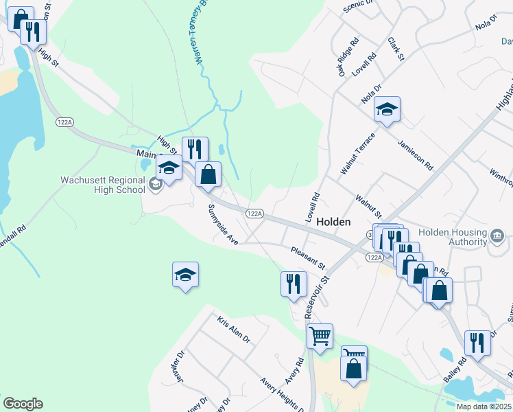 map of restaurants, bars, coffee shops, grocery stores, and more near 1304 Main Street in Holden