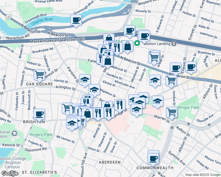 map of restaurants, bars, coffee shops, grocery stores, and more near 90 Glencoe Street in Boston