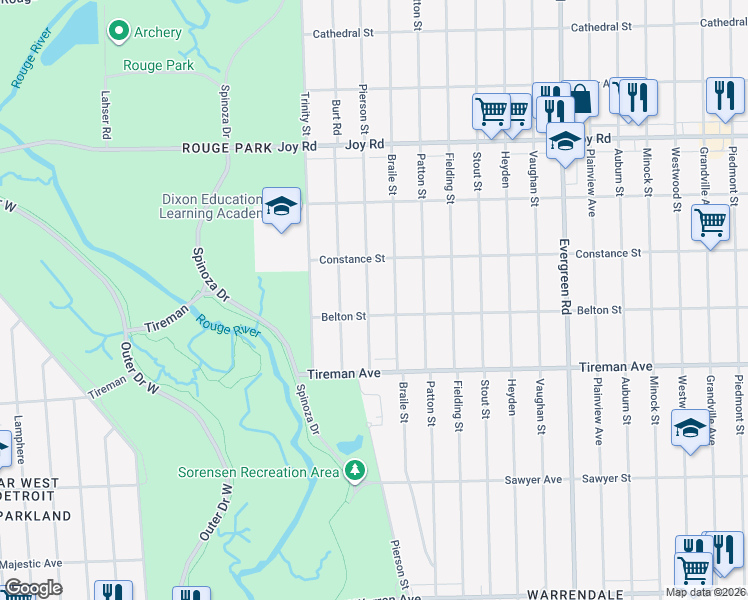 map of restaurants, bars, coffee shops, grocery stores, and more near 8228 Pierson Street in Detroit