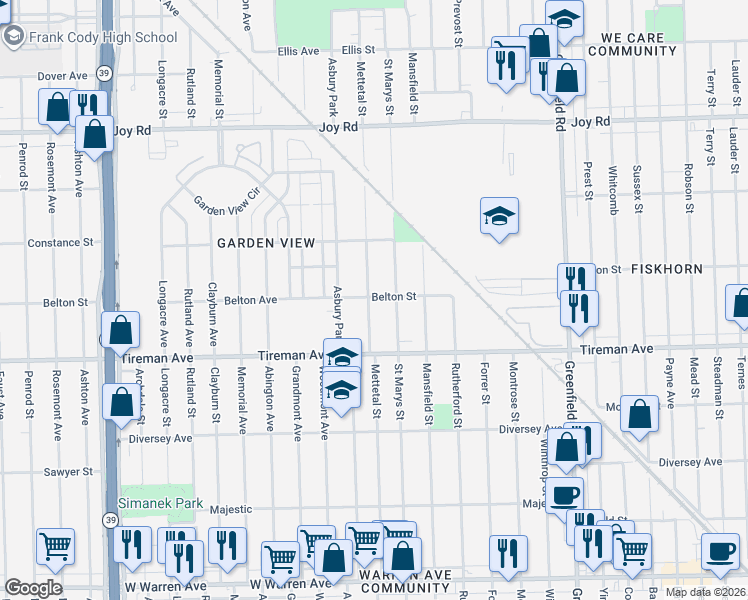 map of restaurants, bars, coffee shops, grocery stores, and more near 8120 Mettetal Street in Detroit