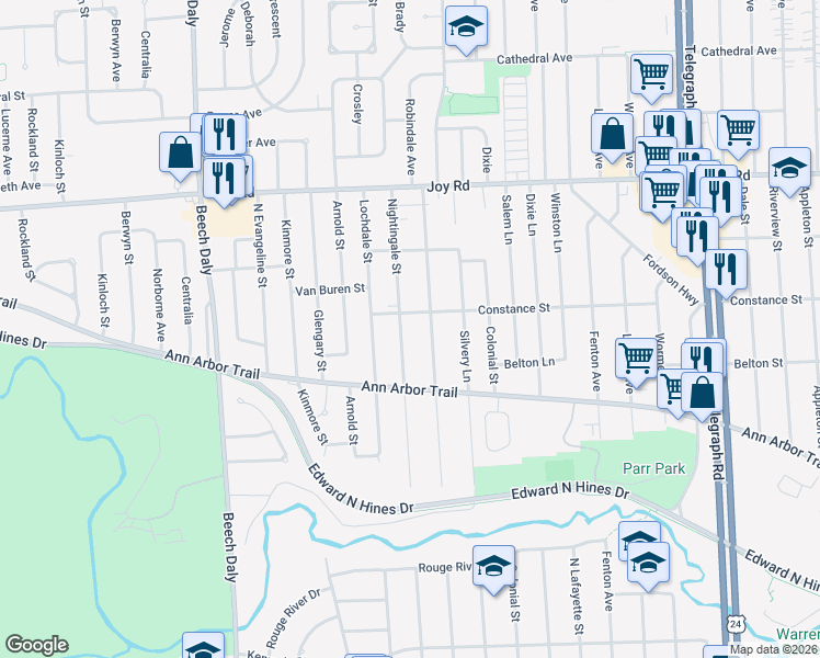 map of restaurants, bars, coffee shops, grocery stores, and more near 8312 Nightingale Street in Dearborn Heights