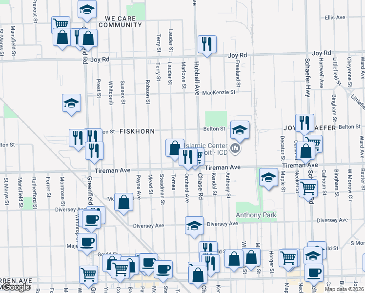 map of restaurants, bars, coffee shops, grocery stores, and more near 8097 Marlowe Street in Detroit
