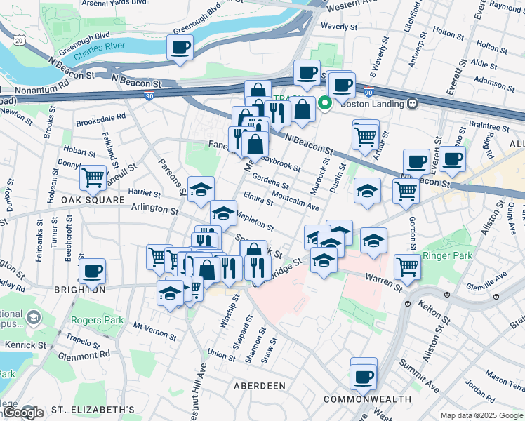 map of restaurants, bars, coffee shops, grocery stores, and more near 90 Glencoe Street in Boston