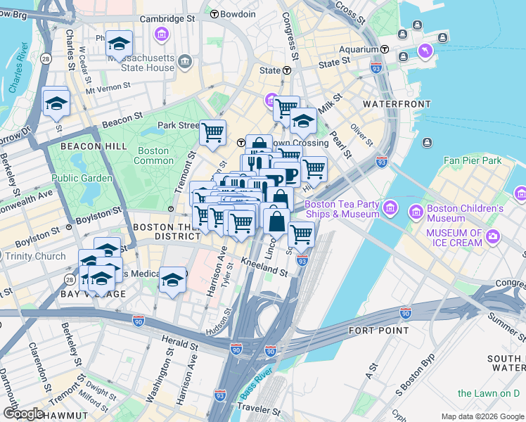 map of restaurants, bars, coffee shops, grocery stores, and more near Essex Street in Boston